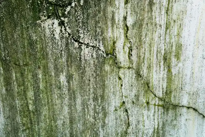 Close-up of a weathered wall with cracks and green algae, texture details.