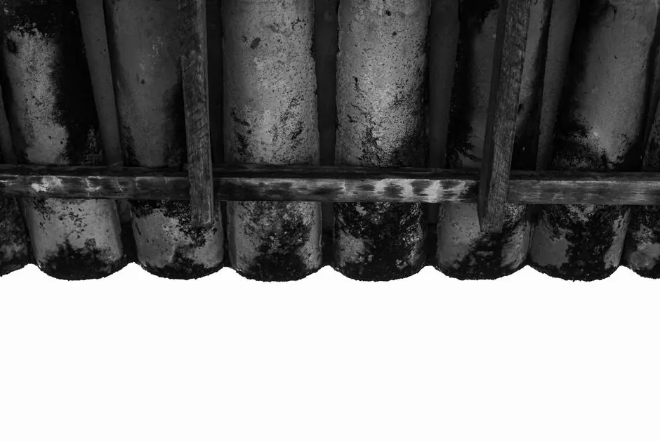Detailed view of a rustic roof structure in black and white, showcasing weathered textures.