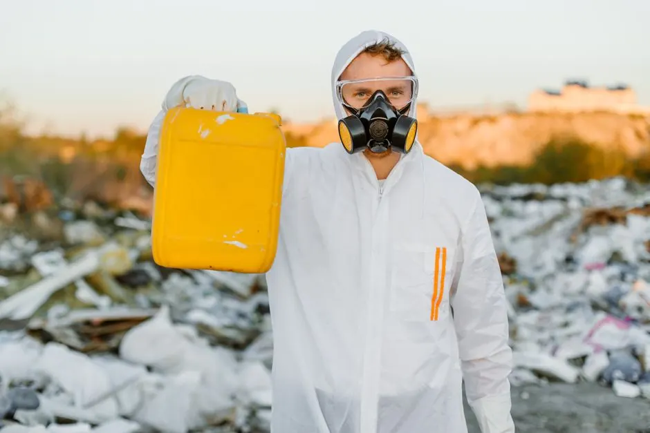Worker in a protective suit holds a yellow container, monitoring pollution at a waste site.